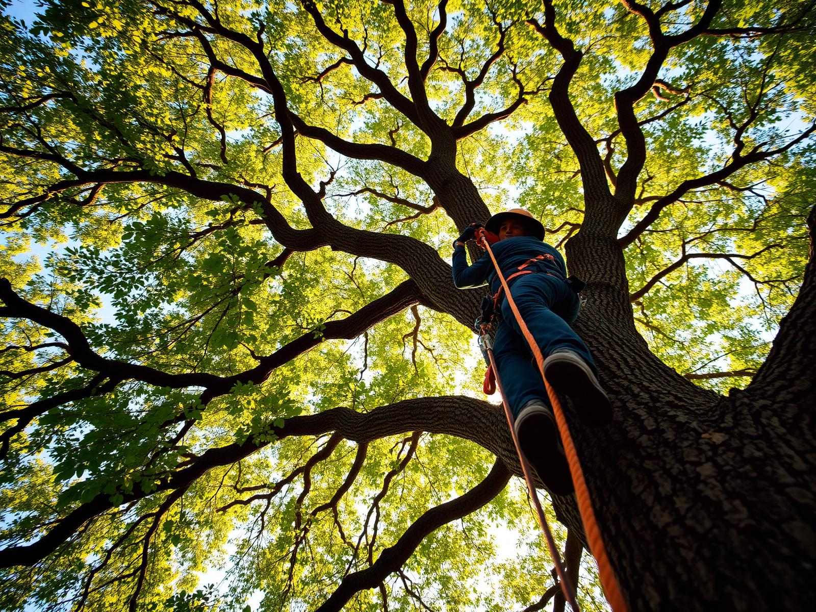 Professional arborist climbing a large oak tree to trim branches